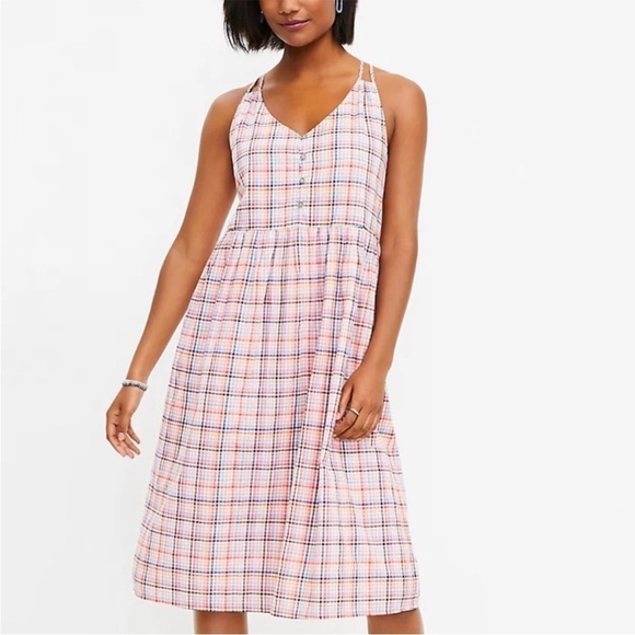 NWT Loft Plaid Strappy Button Front Midi Dress- Whisper White - Picture 1 of 7